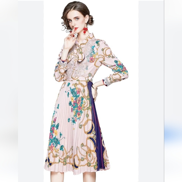 Dalia Macphee Terese Long Sleeve Pleated Midi Dress Size Small Pink - Picture 5 of 16